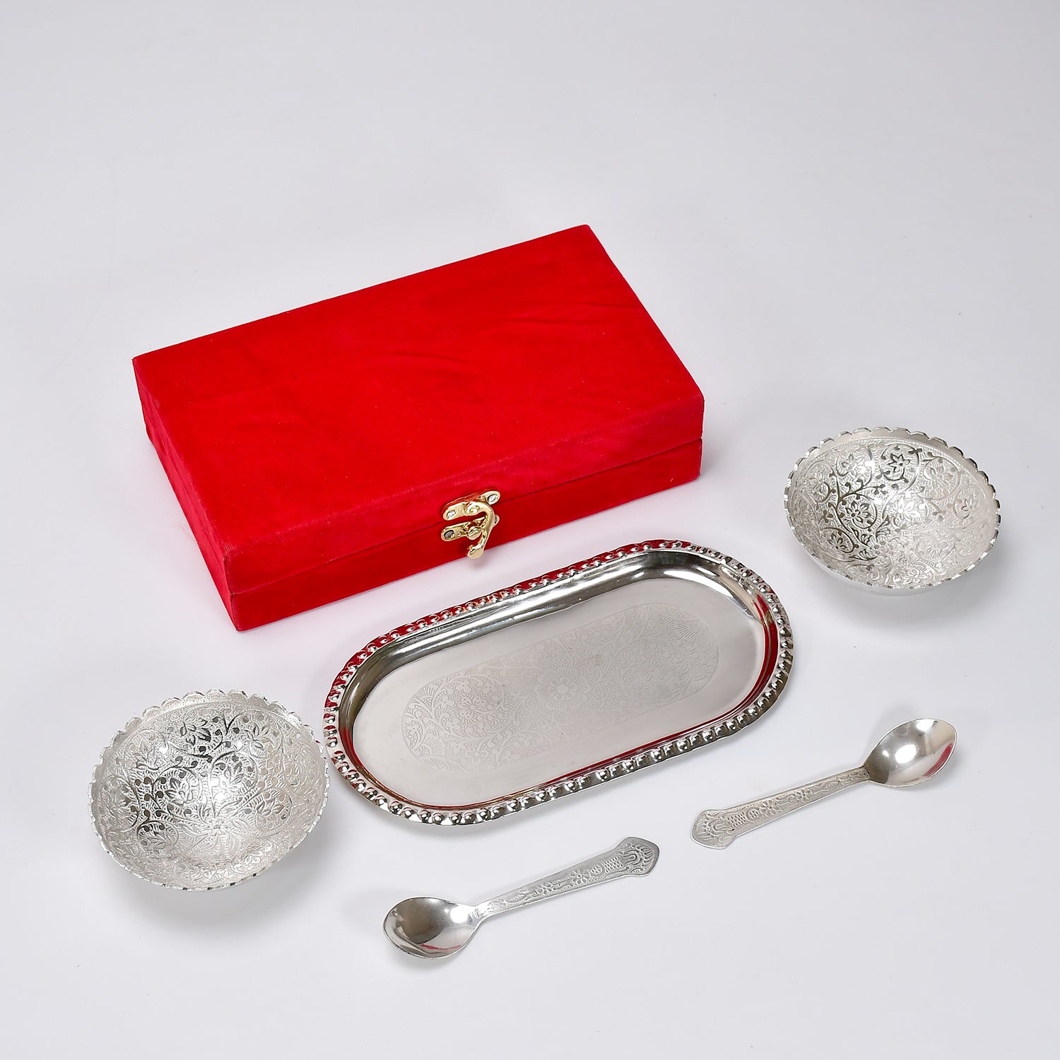 2947A Silver Plated 2 Bowl 2 Spoon Tray Set Brass with Red Velvet Gift Box Serving Dry Fruits Desserts Gift DeoDap 2947A Silver Plated 2 Bowl 2 Spoon Tray Set Brass with Red Velvet Gift Box Serving Dry Fruits Desserts Gift DeoDap
